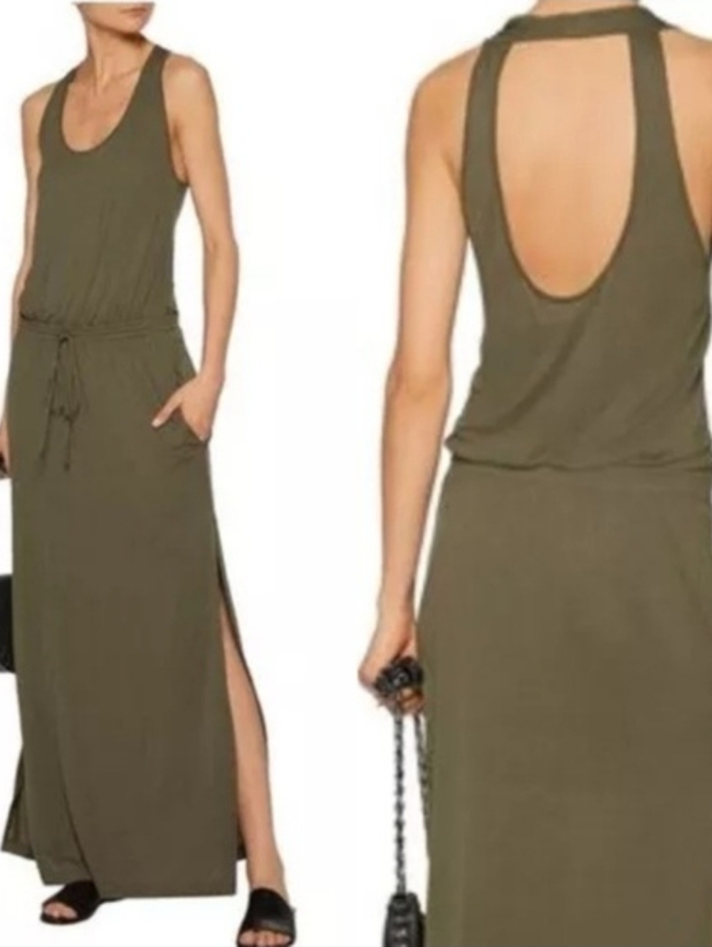 A.L.C. Rita Drawstring Jersey Open Back Tank Maxi Dress In Green Women's Size XS